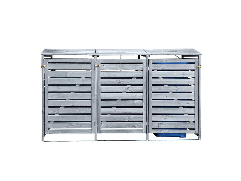 Ein grauer Holz-Mülleimer mit drei Fächern