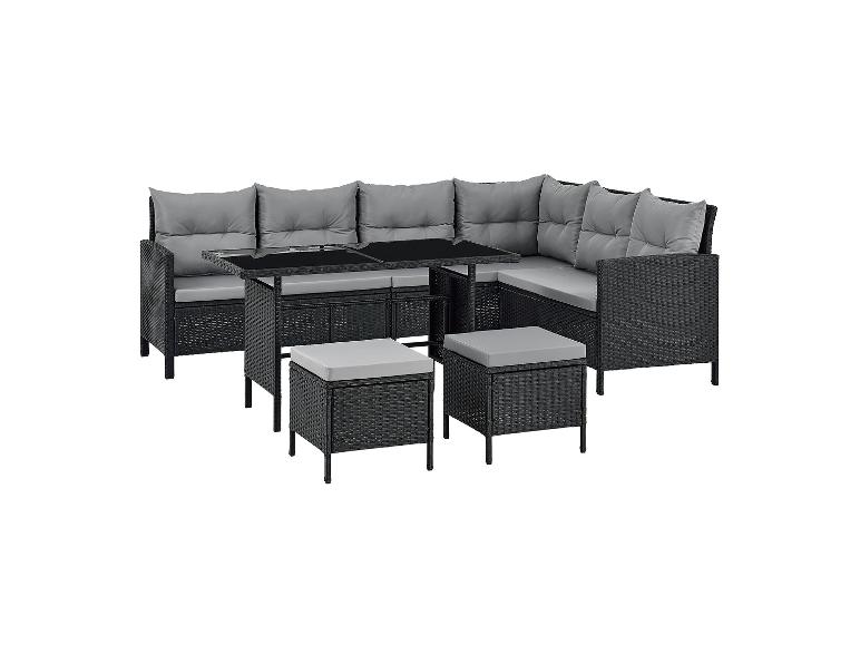 Schwarzes Rattan-Gartenmöbelset mit grauen Kissen, bestehend aus Ecksofa, Tisch und zwei Hockern.
