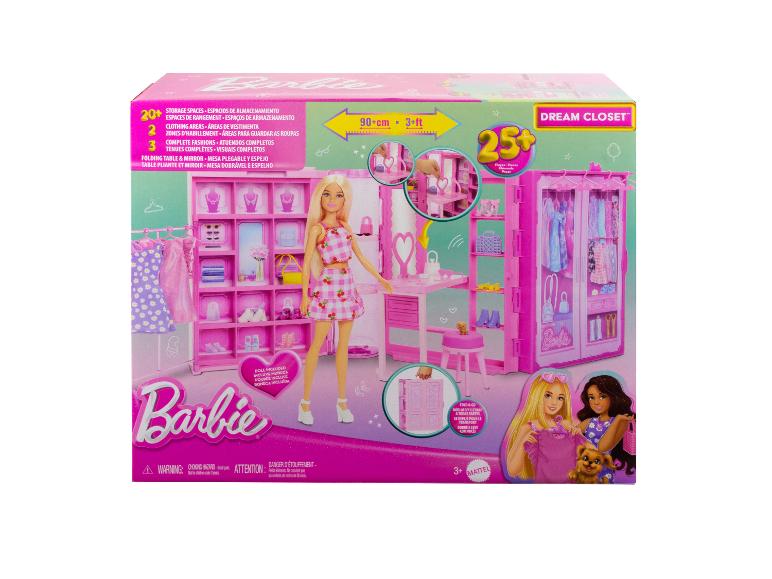 Barbie Dream Closet mit Puppe, über 20 Stauräume, 2 Kleiderbereiche, 3 komplette Outfits.