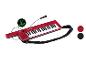 Roter Synthesizer mit Mikrofon und Gurt, mit einem Symbol für wiederaufladbare Batterie.
