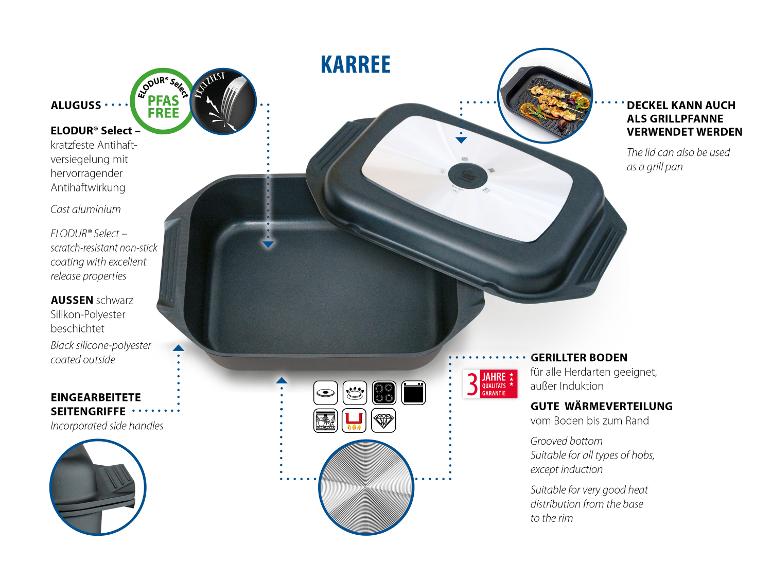Bräter mit Deckel, der als Grillpfanne genutzt werden kann, mit Antihaftbeschichtung und 3 Jahren Garantie.