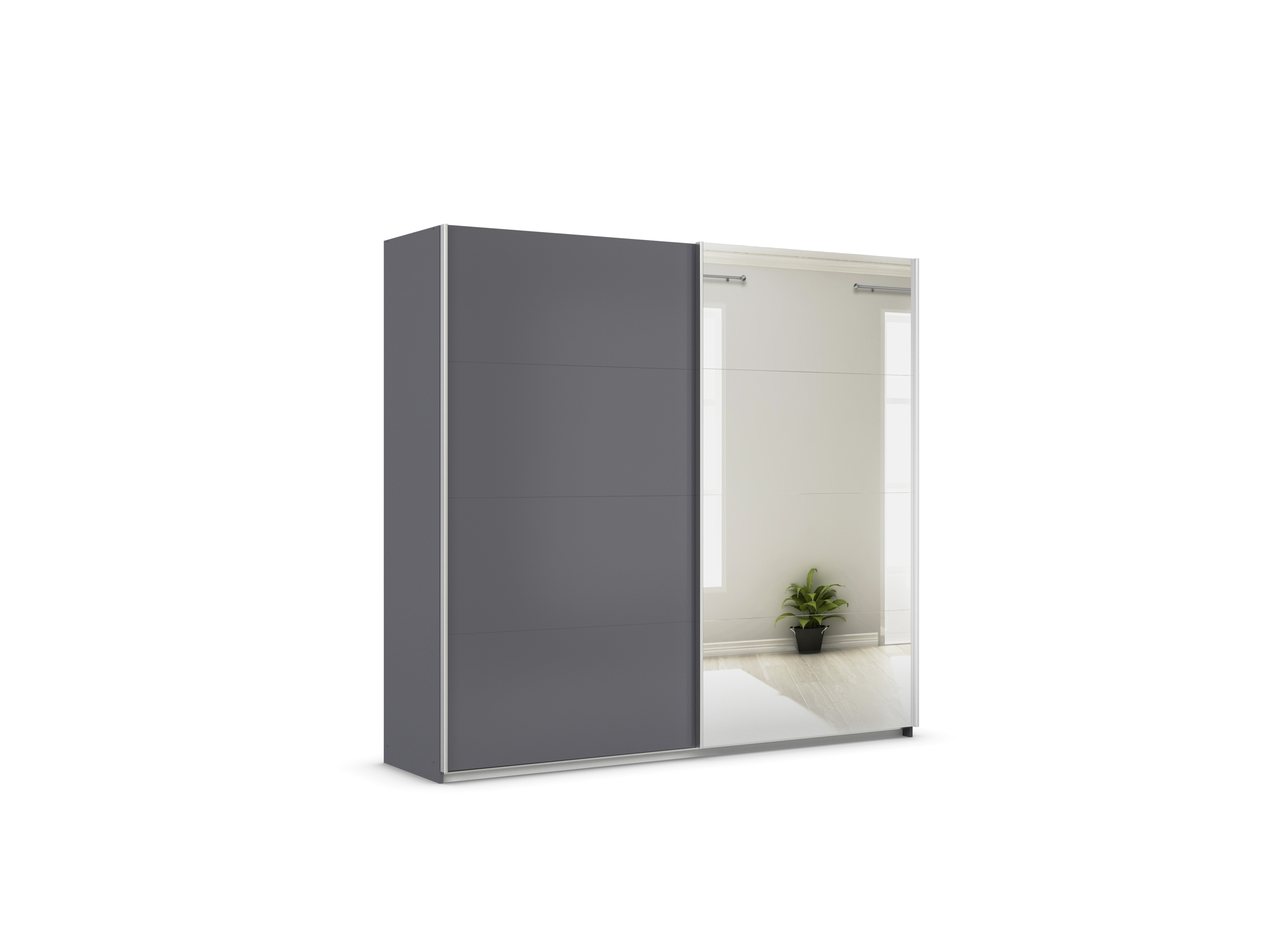 RAUCH ORANGE Quadra Schwebetürenschrank mit Spiegelelementen (Premium-Zubehör, Korpus: Graumetallic, 226 x 210 cm)