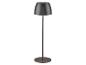 Dunkelgraue, moderne Stehlampe mit konischem Schirm und rundem Fuß.