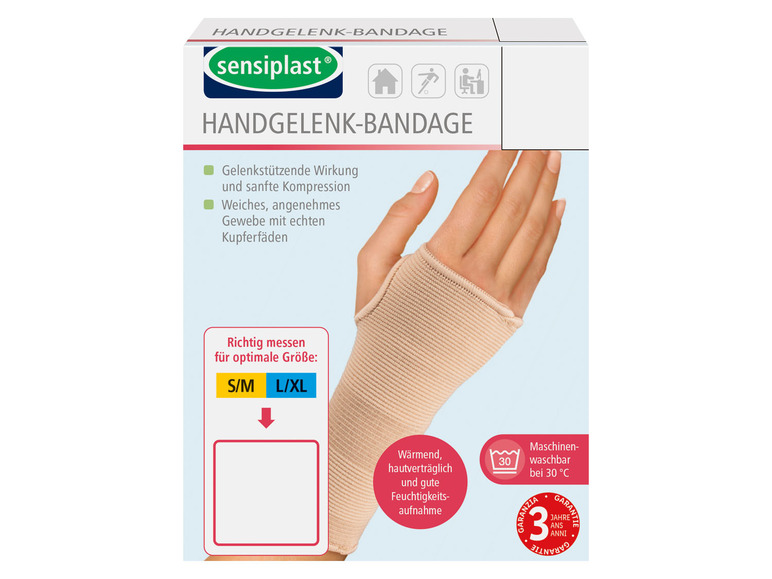 Eine beige Handgelenksbandage von Sensiplast zur Unterstützung des Handgelenks.