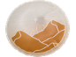 Runder Untersetzer mit Berg- und Sonnenstrahlendesign in Weiß und Orange.