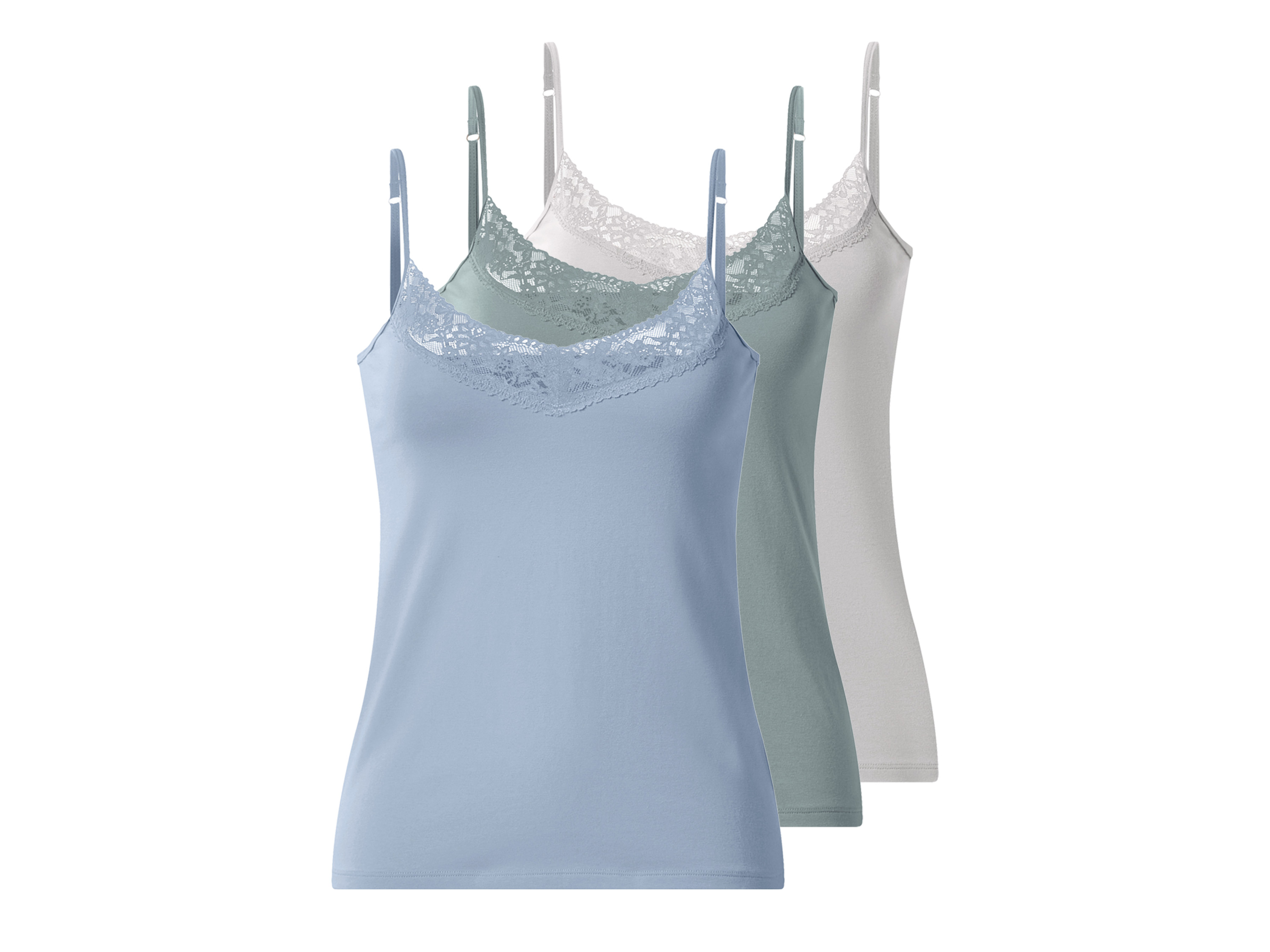 ESMARA® Damen Spaghettiträgerhemd mit Spitze, 3 Stück (grün/blau/grau, L(44/46))