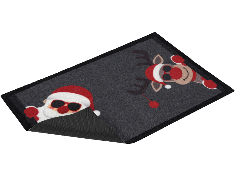 Weihnachts-Fußmatte mit Weihnachtsmann und Rentier mit Sonnenbrillen.