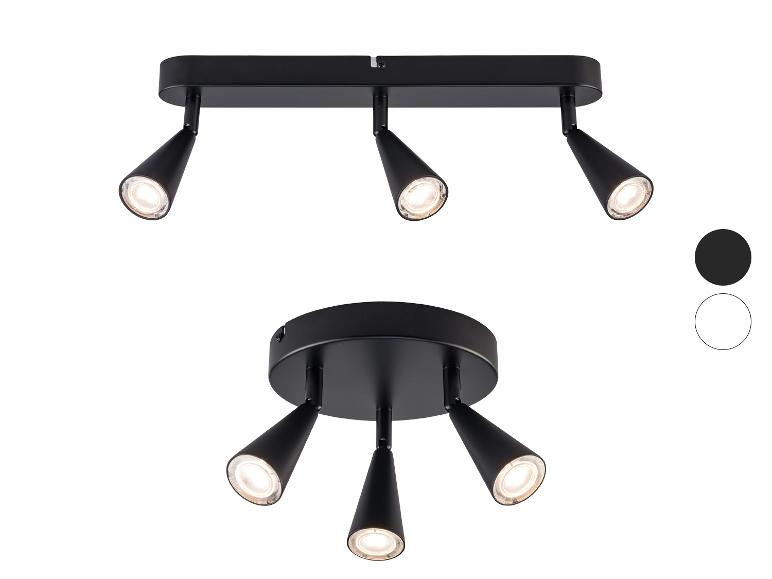 Zwei schwarze Deckenstrahler mit LED-Leuchten, einer linear mit drei und einer rund mit vier.