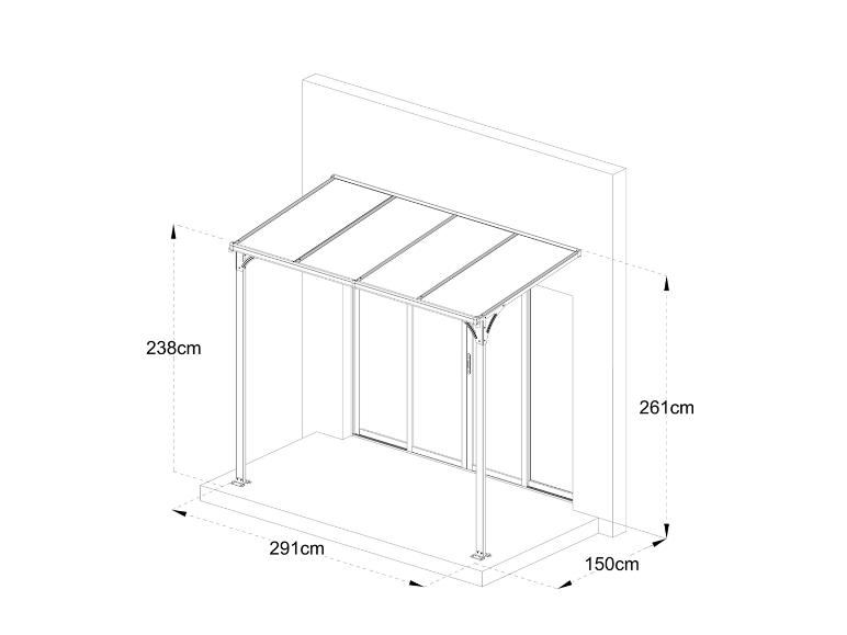 Wandmontierte Terrassenüberdachung mit Maßen 291x150 cm und Höhen 238/261 cm.