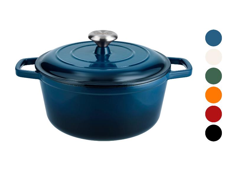 Blauer Gusseisentopf mit Deckel und Farbauswahl