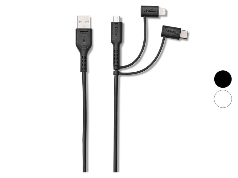 Zwei schwarze Tronic-Kabel: eines mit USB-A und Micro-USB, eines mit drei Anschlüssen: USB-C, Micro-USB und Lightning.