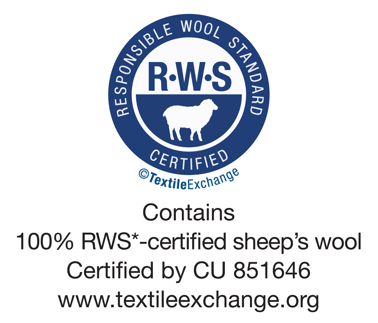 Responsible Wool Standard-Siegel: Enthält 100% RWS-zertifizierte Schafwolle, zertifiziert durch CU 851646.