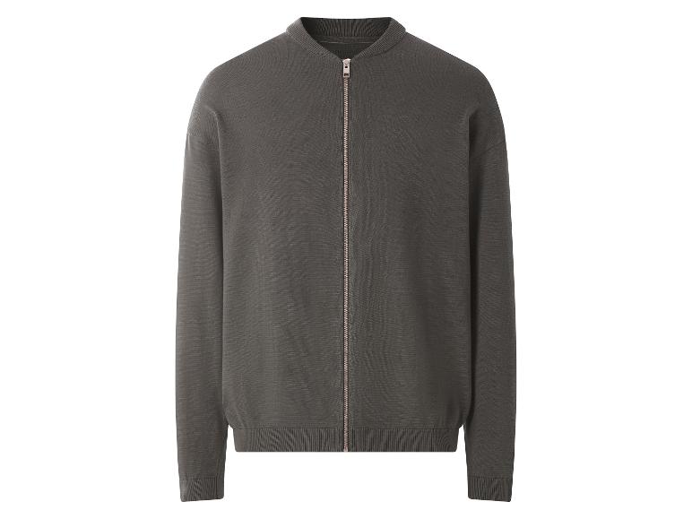 Dunkelgraue Strickjacke mit Reißverschluss auf weißem Hintergrund.