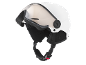 Weißer Skihelm mit integriertem Visier und verstellbarem Riemen.