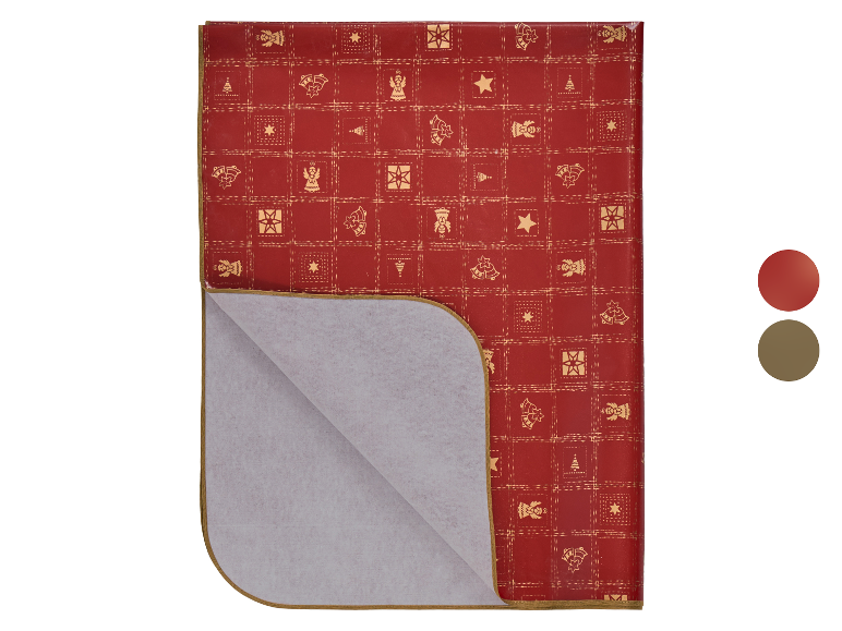 LIVARNO® Festliche Lacktischdecke in Rot mit goldenen Weihnachtsmotiven, Rückseite sichtbar.