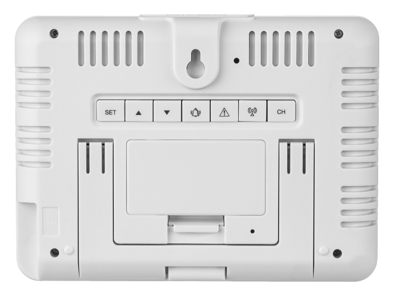 Rückseite einer weißen digitalen Wetterstation.