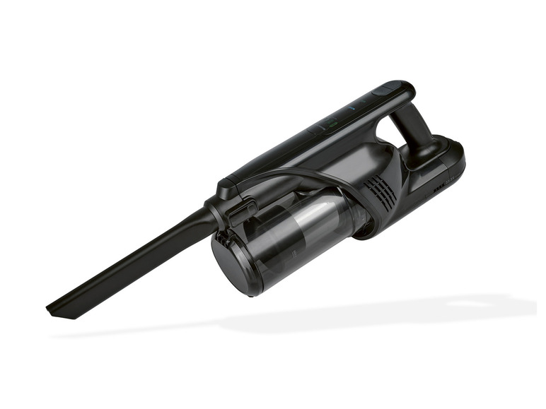 Ein schwarzer kabelloser Staubsauger mit einem durchsichtigen Staubbehälter.