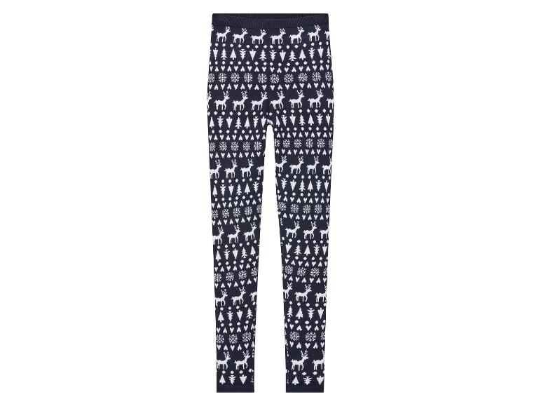 Dunkelblaue Leggings mit einem Weihnachtsmuster aus Rentieren.