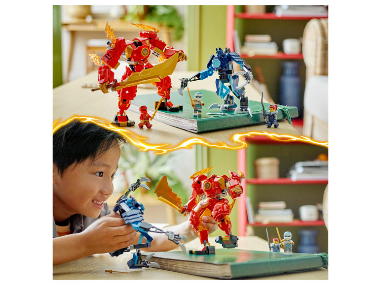 LEGO NINJAGO Mecha-Figuren, ein Junge spielt mit einem blauen Mecha.