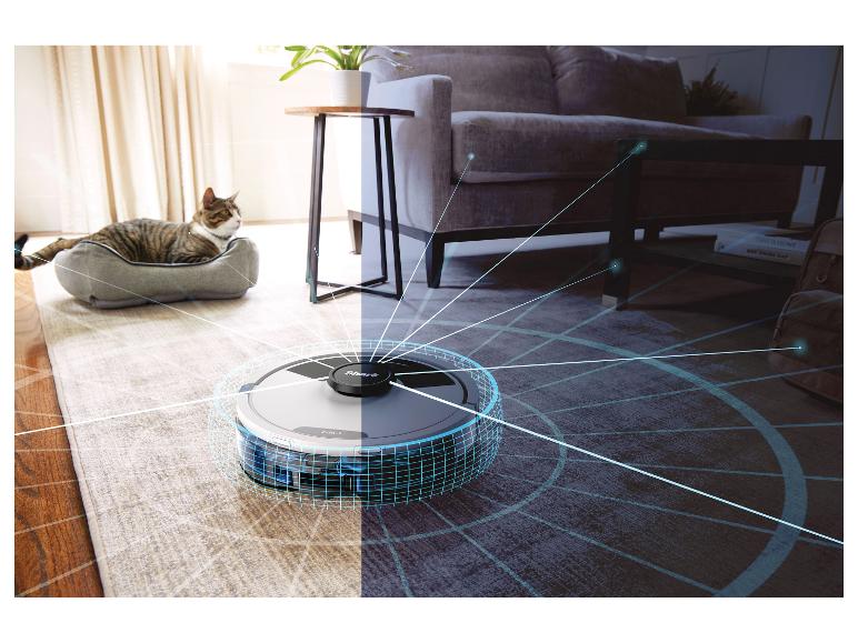 Saugroboter kartiert ein Wohnzimmer mit Katze auf einem Teppich.