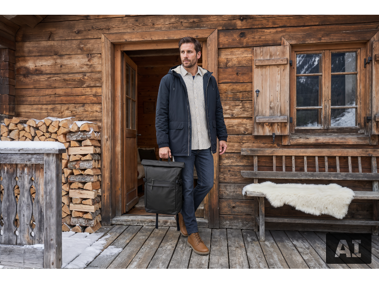 Mann in dunkelblauer Jacke mit Rucksack steht vor einer Holzhütte.