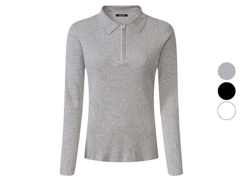 Grauer, gerippter Pullover mit langen Ärmeln und Polokragen.