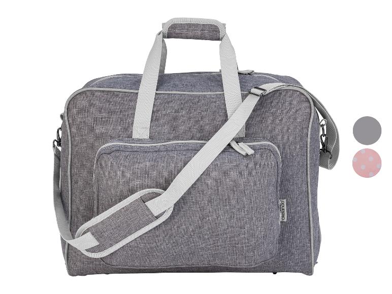 Graue Nähtasche mit Griffen und Schultergurt, mit zwei Farbmustern.