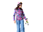 Mädchen mit rosa Mütze, Skibrille, gemusterter Jacke und blauer Hose, hält Skistöcke.