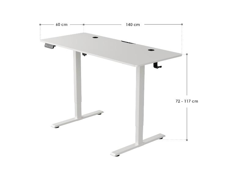 Weißer höhenverstellbarer Schreibtisch mit Maßen: 140 cm (L) x 60 cm (T) x 72-117 cm (H)