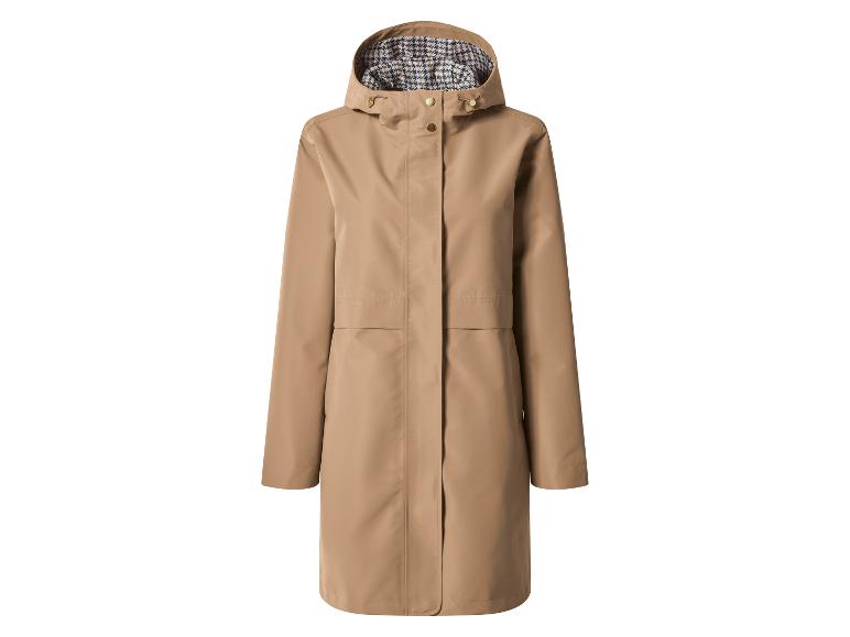Beige Damen-Regenjacke mit Kapuze und Hahnentrittmuster-Futter.