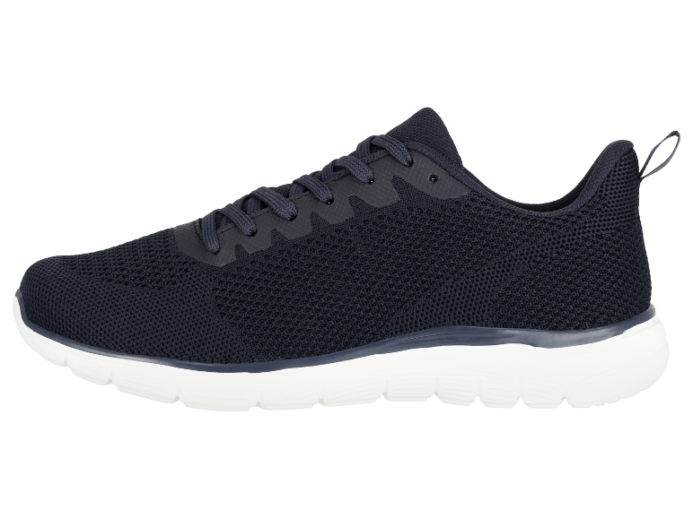 Dunkelblaue Strick-Sneaker mit weißer Sohle.