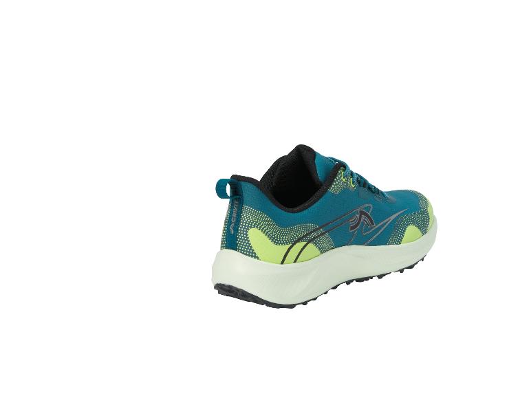 Ein türkiser und lindgrüner Sportschuh mit weißer Sohle, von hinten gesehen.