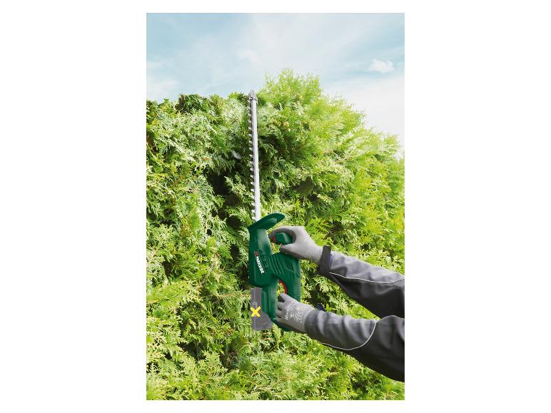 Person schneidet Hecke mit Akku-Heckenschere