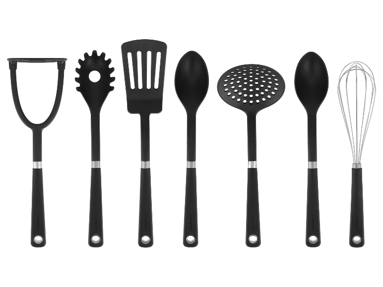 SilverCrest Küchenutensilien-Set mit Kartoffelstampfer, Spaghetti-Server, Pfannenwender, Löffel, Schöpfkelle und Schneebesen.
