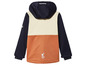Eine blaue Softshell-Jacke mit einem beige und orangefarbenen Design.