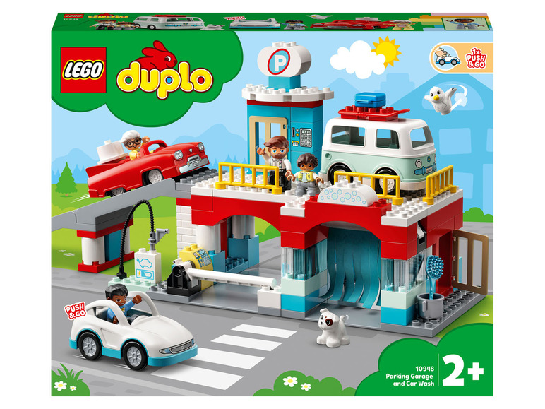 LEGO Duplo Parkgarage und Autowaschanlage mit Autos, Figuren und Zubehör.