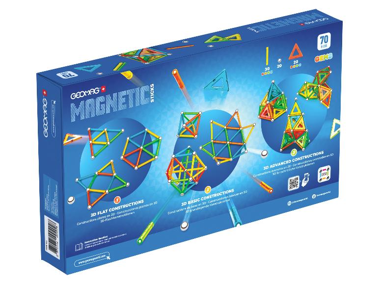 Magnetisches Konstruktionsset mit 70 Teilen, zeigt 2D flache, 3D grundlegende und 3D fortgeschrittene Konstruktionen.