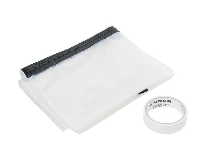 PARKSIDE transparente Plastiktüten mit Reißverschluss und eine Rolle weißes Klebeband.