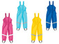 Vier Paar Regenhosen in verschiedenen Farben für Kinder.