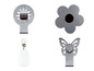 Vier Metallclips in verschiedenen Formen: Sonne, Blume, Schmetterling und rund.