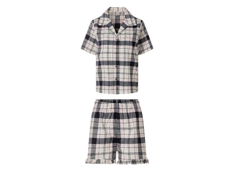 Damen-Karo-Pyjama mit kurzen Ärmeln und Shorts in Rosa, Schwarz und Weiß.