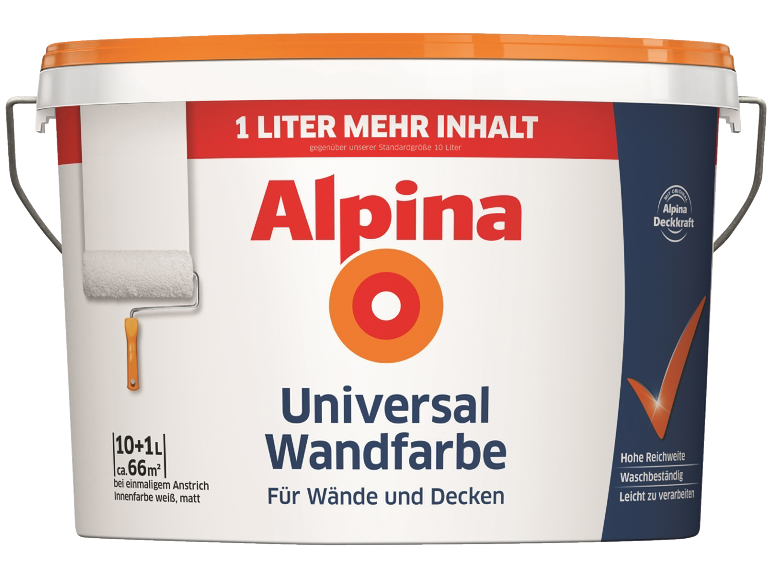 11-Liter-Eimer matter weißer Universal-Wandfarbe mit Farbroller.