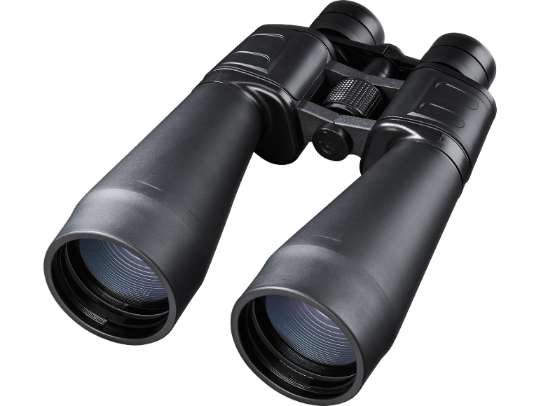 Ein schwarzes Fernglas mit strukturiertem Fokusrad, vor dunklem Hintergrund.
