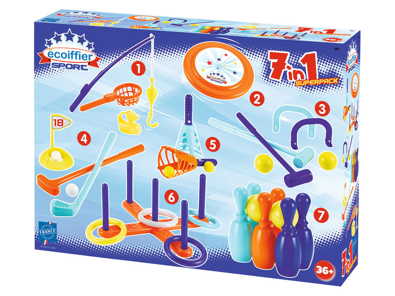 Ecoiffier Sport 7-in-1-Superpack mit Golf, Ringwurf und Boulespiel.