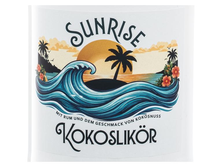 Etikett von Sunrise Kokoslikör mit tropischem Motiv mit Wellen, Sonne und Palmen.