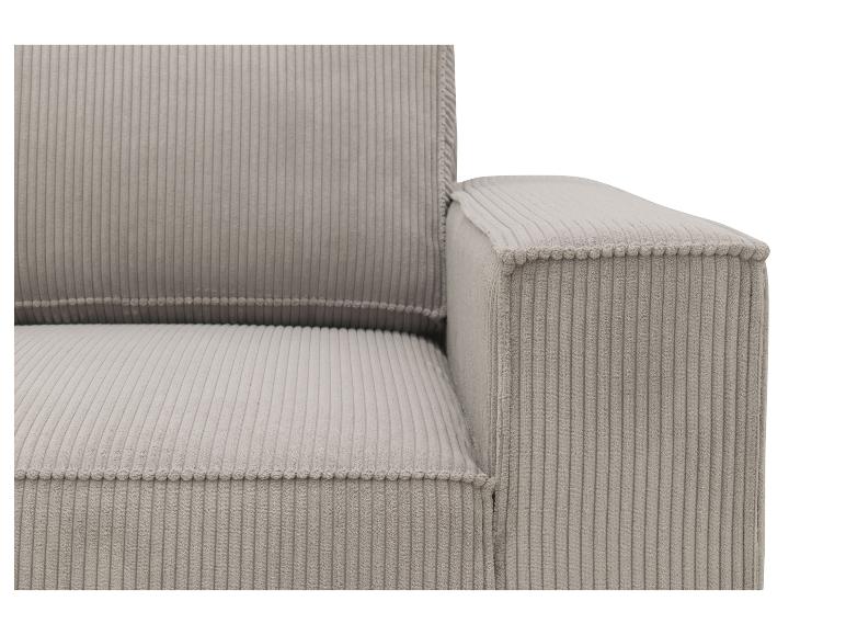Detail eines grauen Cordsofas mit Ziernähten.
