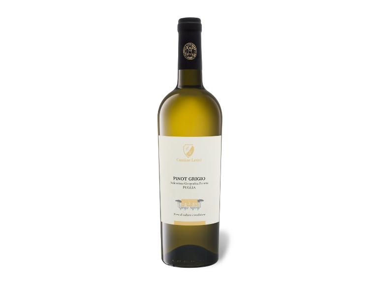 Flasche Weißwein Pinot Grigio aus der Region Apulien, mit einem weißen und goldenen Etikett.