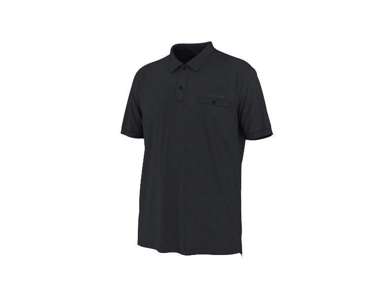 Schwarzes kurzärmeliges Poloshirt mit Kragen und Brusttasche mit „PARKSIDE“-Schriftzug.
