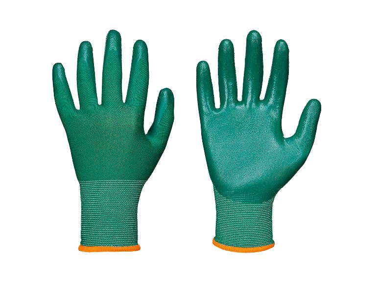 Zwei grüne Gartenhandschuhe mit orangefarbenen Bündchen, einer mit der Handfläche nach vorne und einer mit dem Handrücken nach vorne.