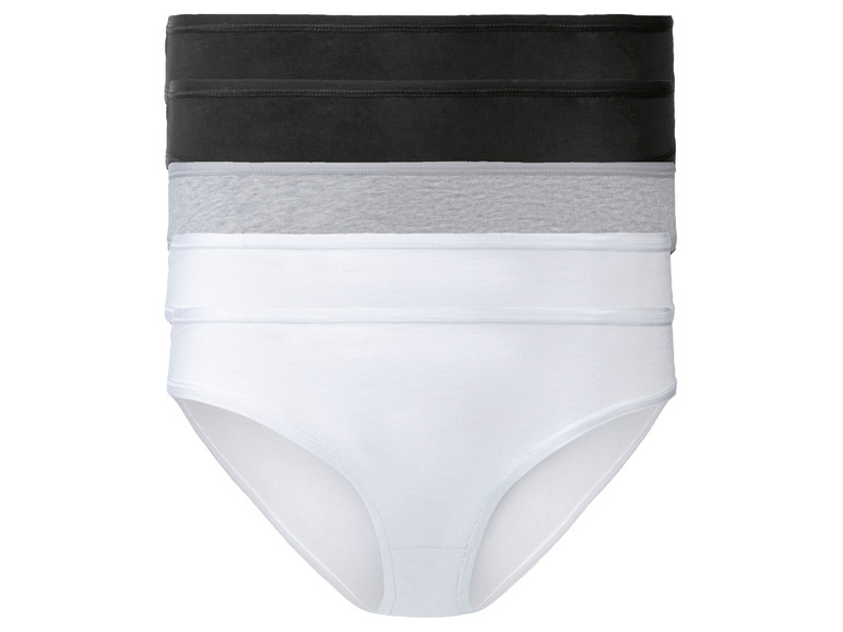 Ein Set mit drei Damen-Slips in Weiß, Grau und Schwarz.